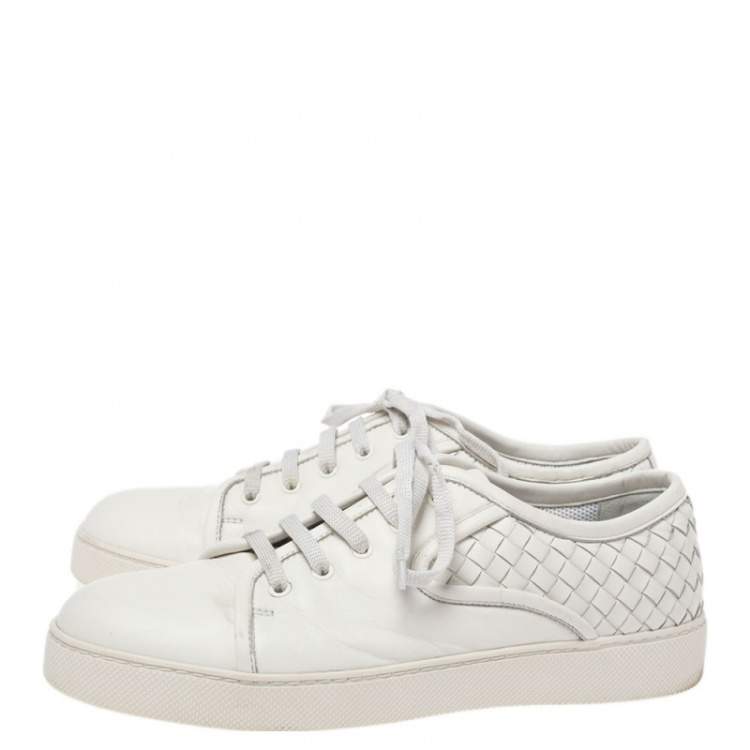 Pre Owned Bottega Veneta White Intrecciato Leather Low Top Sneakers Size 42.5
