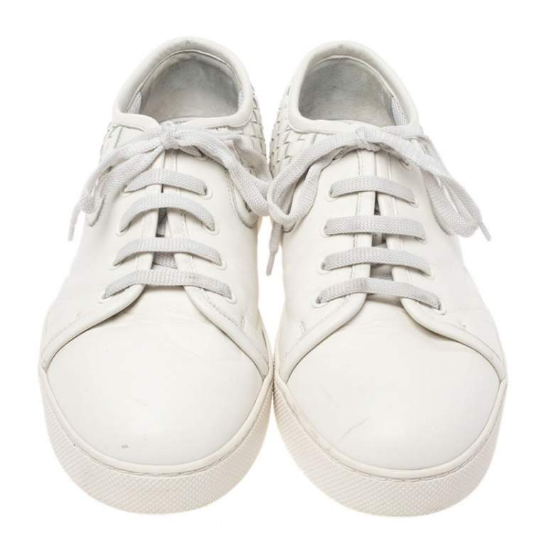 Pre Owned Bottega Veneta White Intrecciato Leather Low Top Sneakers Size 42.5