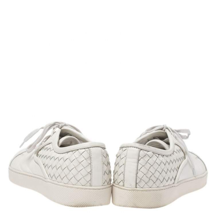 Pre Owned Bottega Veneta White Intrecciato Leather Low Top Sneakers Size 42.5