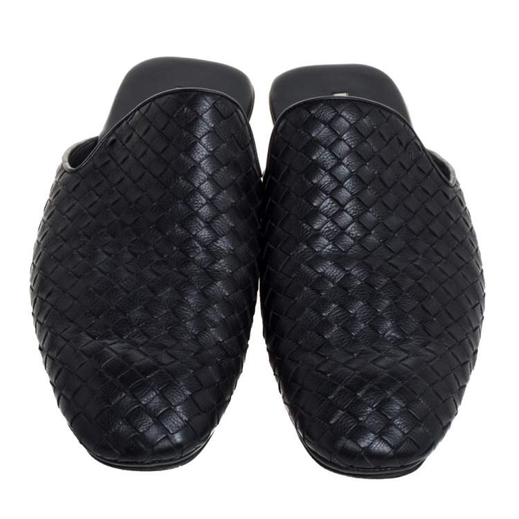 Pre Owned Bottega Veneta Black Intrecciato Leather Fiandra Flat Mules Size 46
