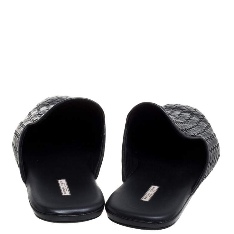 Pre Owned Bottega Veneta Black Intrecciato Leather Fiandra Flat Mules Size 46