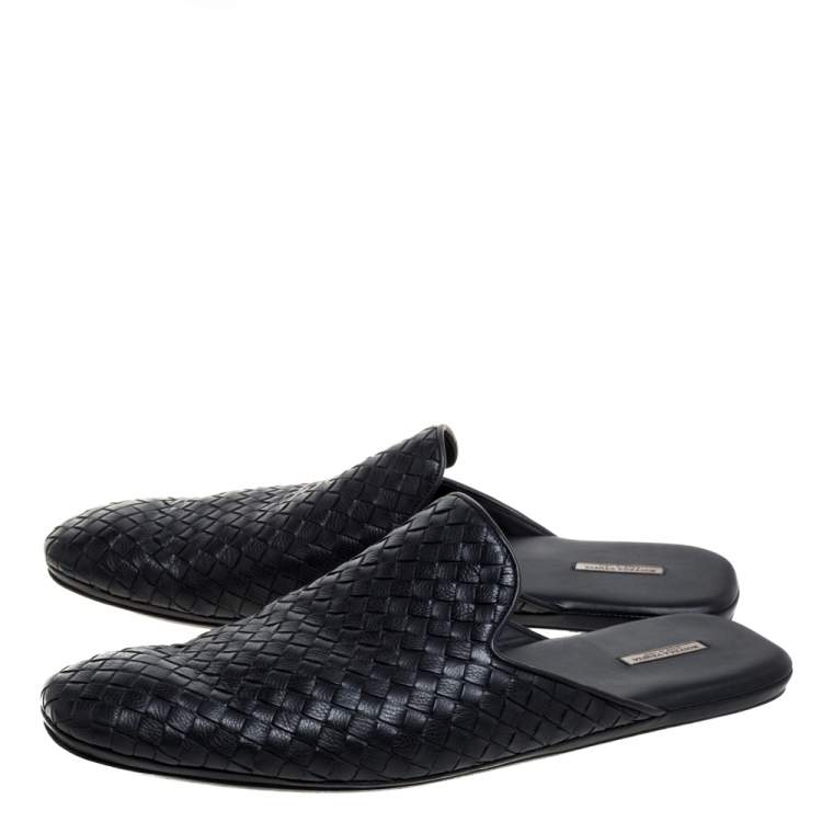 Pre Owned Bottega Veneta Black Intrecciato Leather Fiandra Flat Mules Size 46