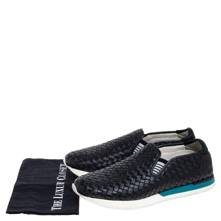 Pre Owned Bottega Veneta Black Intrecciato Leather Slip On Sneakers Size 44