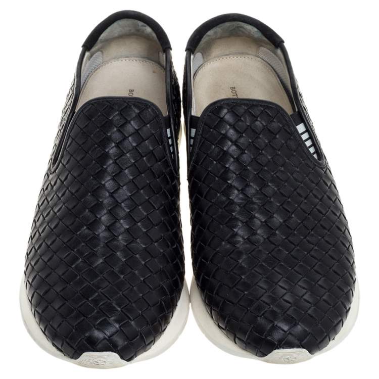 Pre Owned Bottega Veneta Black Intrecciato Leather Slip On Sneakers Size 44