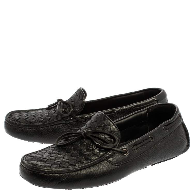 Pre Owned Bottega Veneta Black Intrecciato Leather Bow Slip On Loafers Size 40.5
