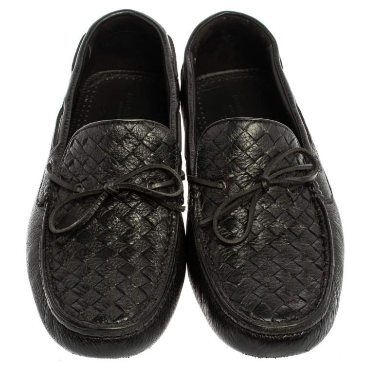 Pre Owned Bottega Veneta Black Intrecciato Leather Bow Slip On Loafers Size 40.5