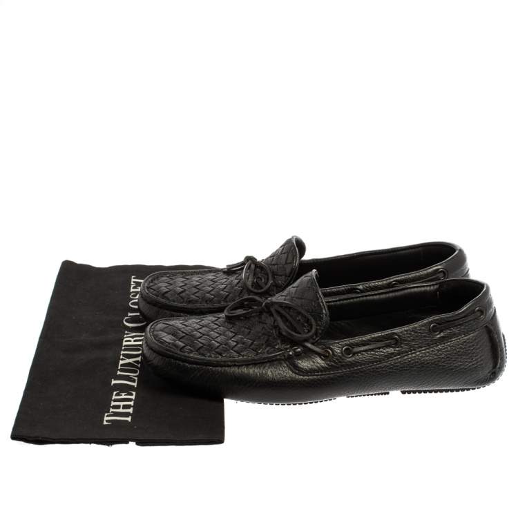 Pre Owned Bottega Veneta Black Intrecciato Leather Bow Slip On Loafers Size 40.5