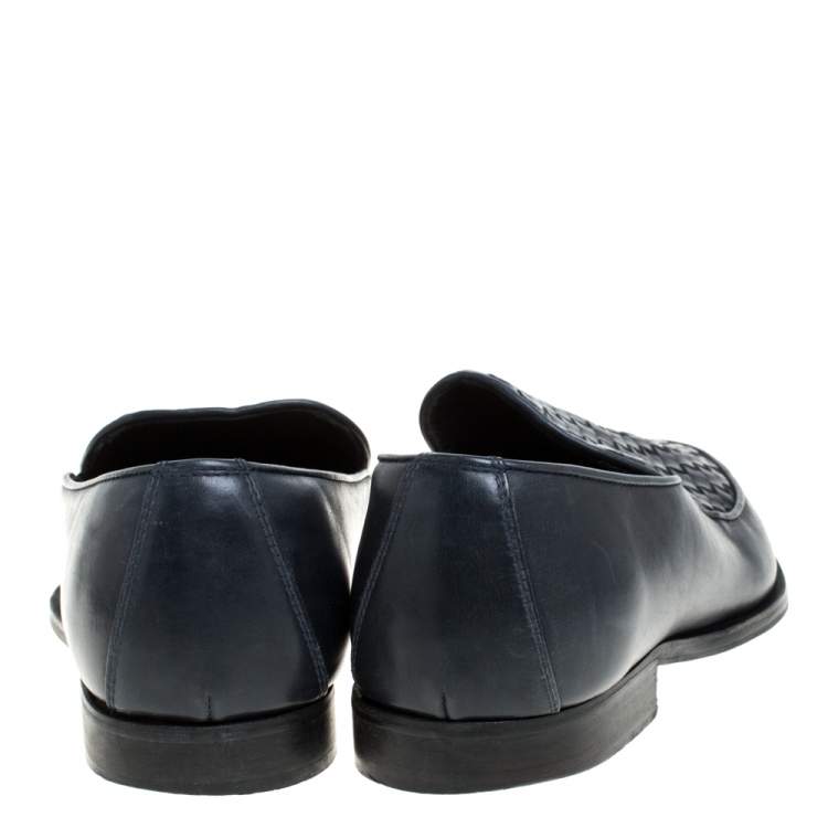 Pre Owned Bottega Veneta Navy Blue Intrecciato Leather Slip On Loafers SIZE 44.5 