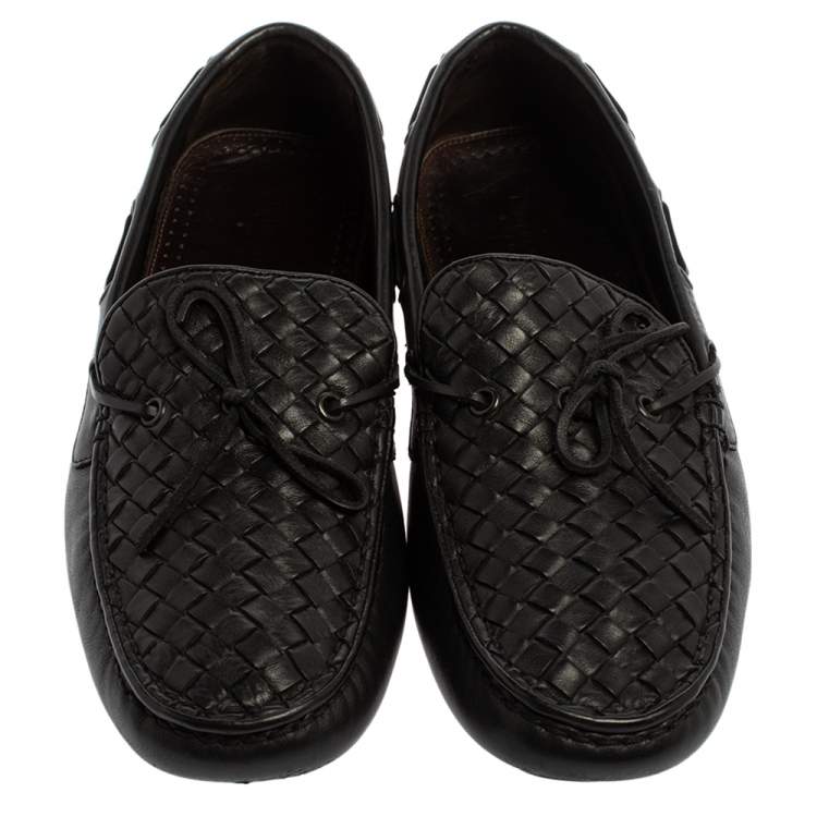 Pre Owned Bottega Veneta Black Intrecciato Leather Bow Slip On Loafers Size 41
