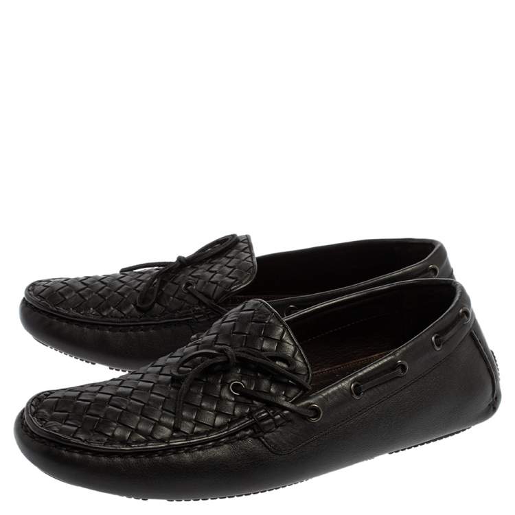Pre Owned Bottega Veneta Black Intrecciato Leather Bow Slip On Loafers Size 41