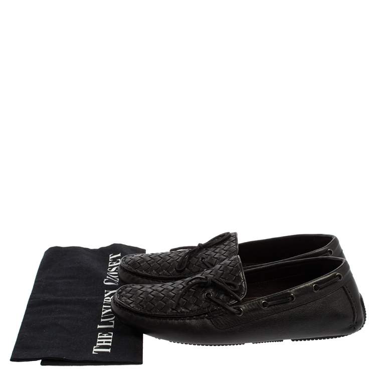 Pre Owned Bottega Veneta Black Intrecciato Leather Bow Slip On Loafers Size 41