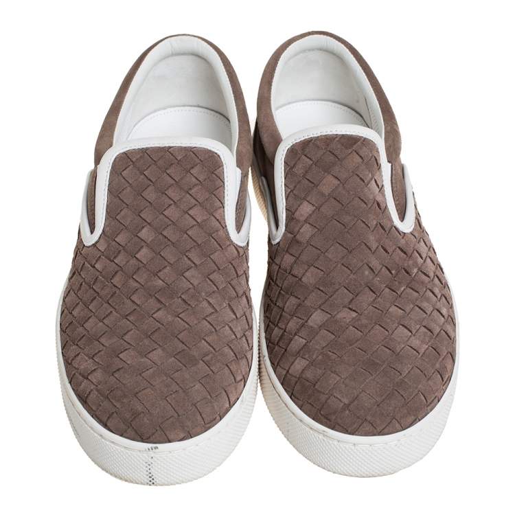 Pre Owned Bottega Veneta Brown Intrecciato Suede Slip On Sneakers Size 41