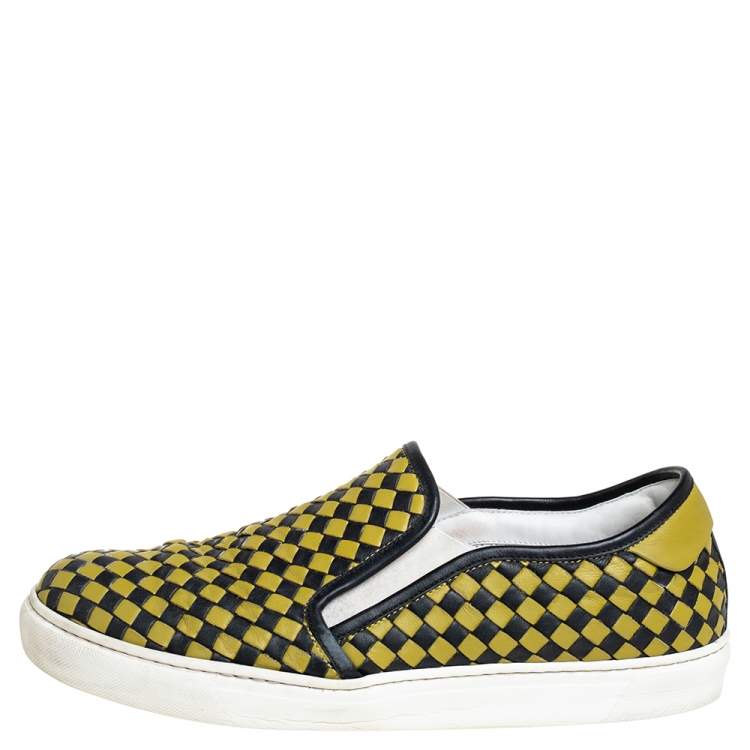 Pre Owned Bottega Veneta Yellow/Black Intrecciato Leather Slip On Sneakers Size 43