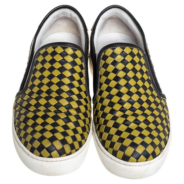 Pre Owned Bottega Veneta Yellow/Black Intrecciato Leather Slip On Sneakers Size 43