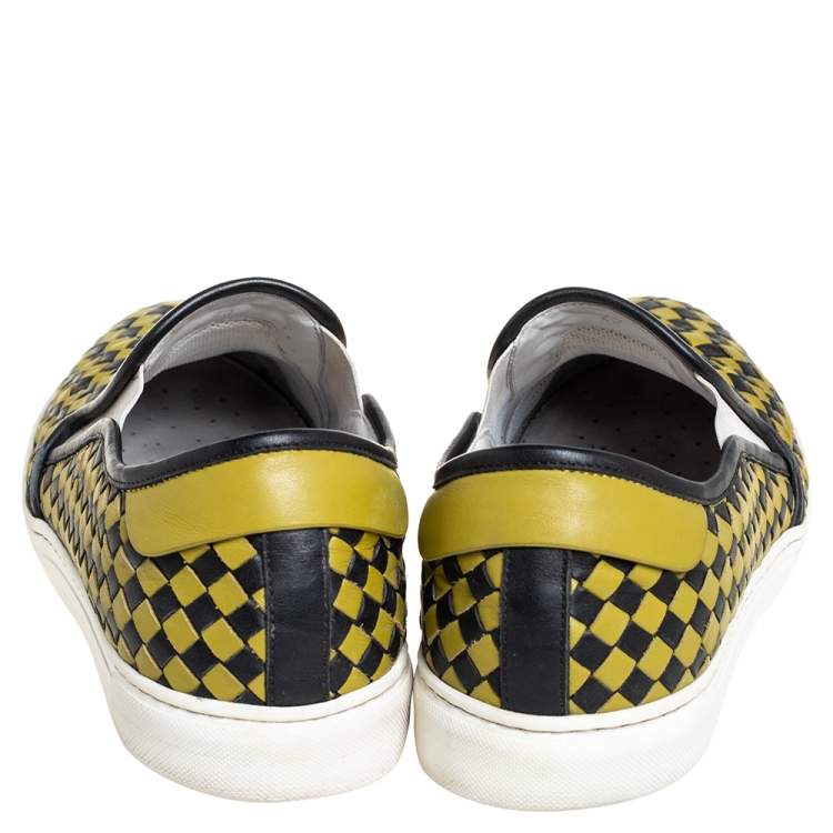 Pre Owned Bottega Veneta Yellow/Black Intrecciato Leather Slip On Sneakers Size 43