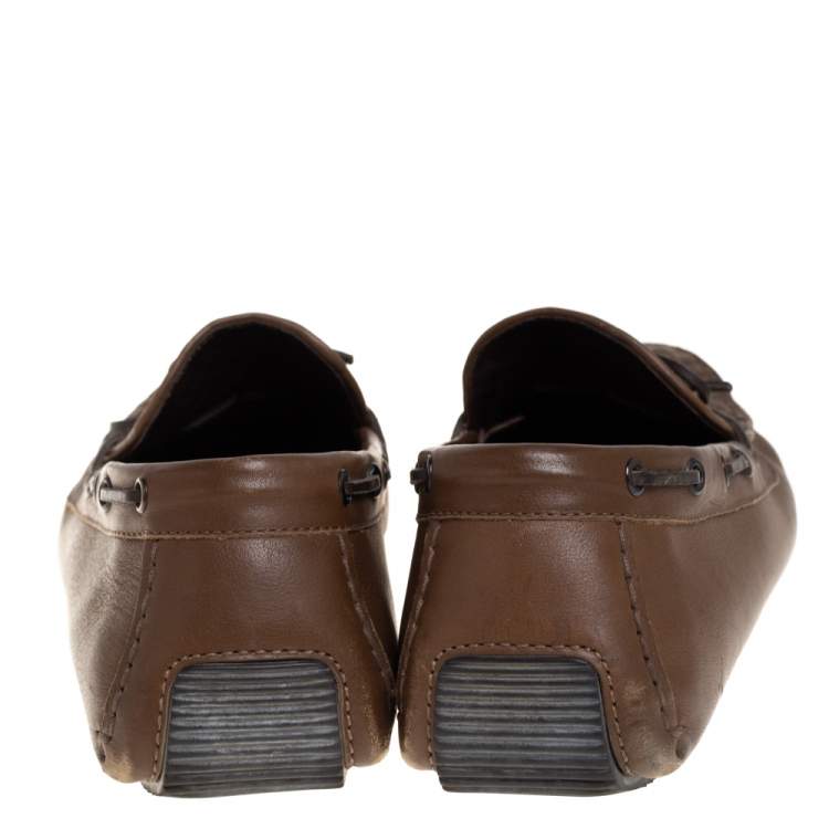 Pre Owned Bottega Veneta Brown Intrecciato Leather Bow Slip On Loafers Size 43