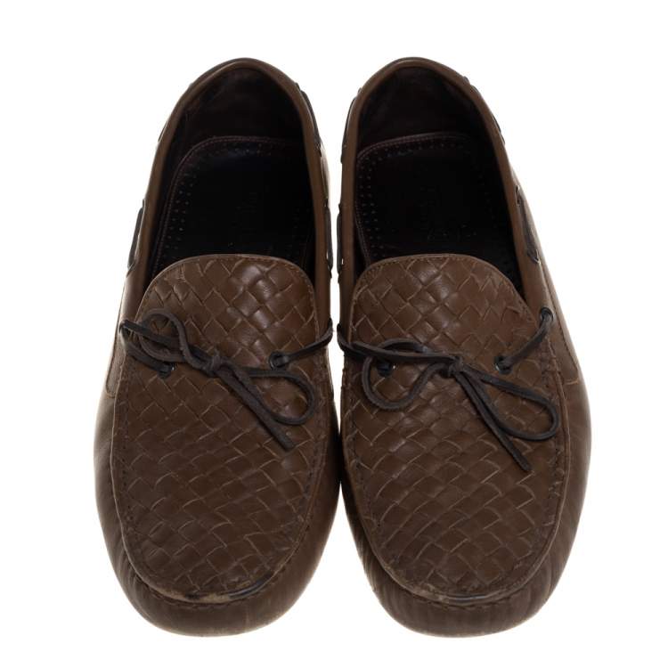 Pre Owned Bottega Veneta Brown Intrecciato Leather Bow Slip On Loafers Size 43