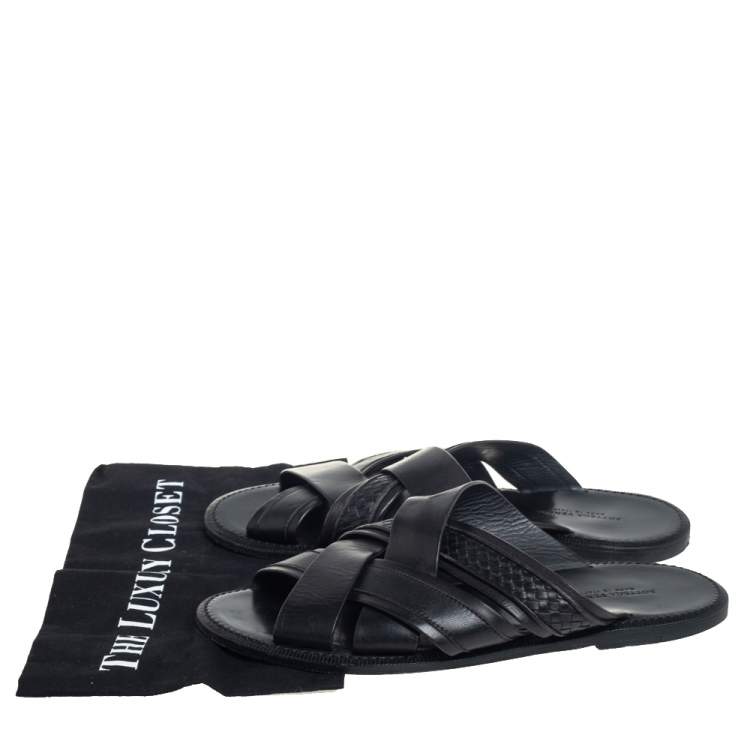 Pre Owned Bottega Veneta Black Intrecciato Leather Slide Sandals Size 42