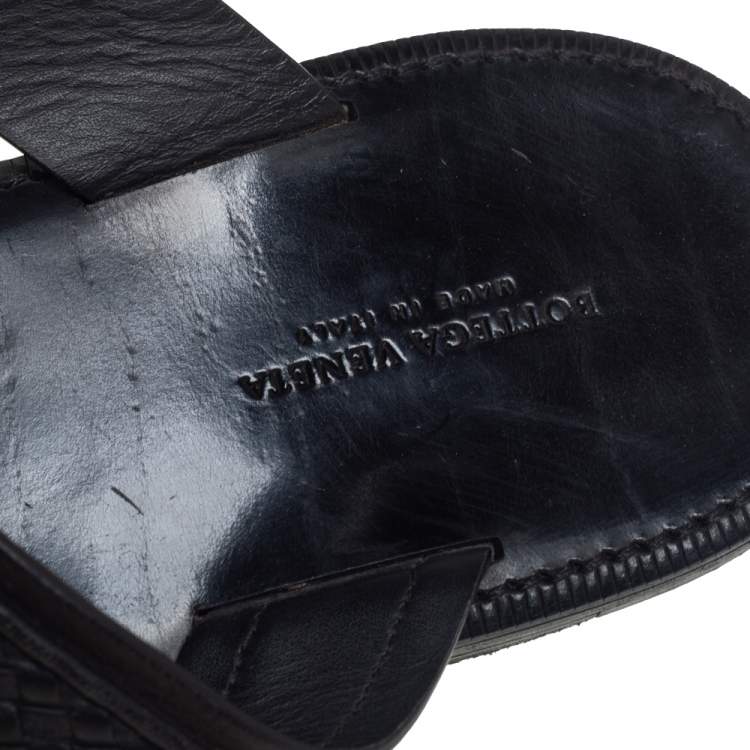 Pre Owned Bottega Veneta Black Intrecciato Leather Slide Sandals Size 42
