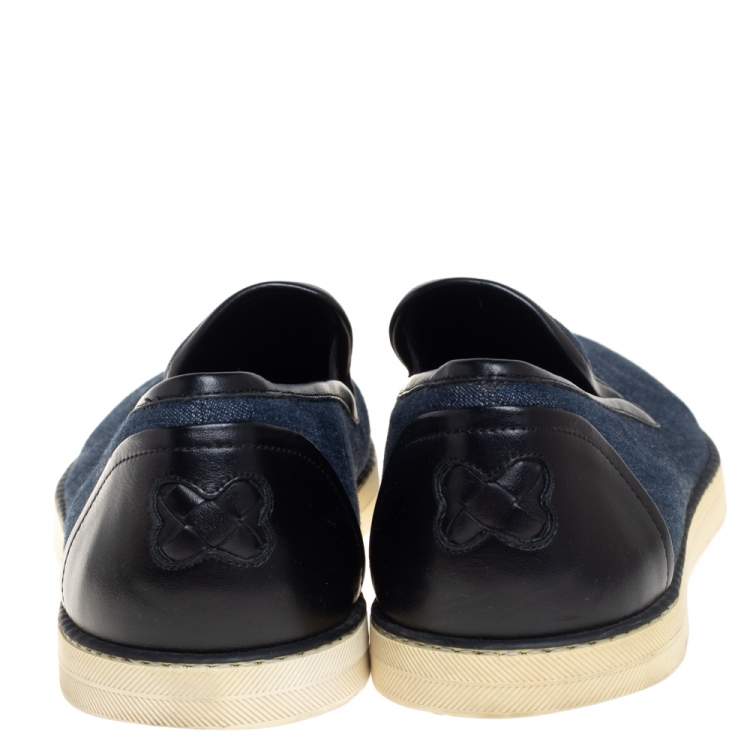Pre Owned Bottega Veneta Blue Denim and Black Leather Trim Slip On Sneakers Size 43