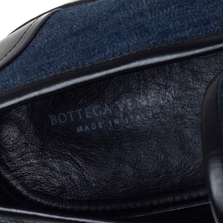 Pre Owned Bottega Veneta Blue Denim and Black Leather Trim Slip On Sneakers Size 43