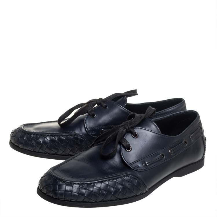 Pre Owned Bottega Veneta Navy Blue Intrecciato and Leather Lace Up Driving Loafers Size 43