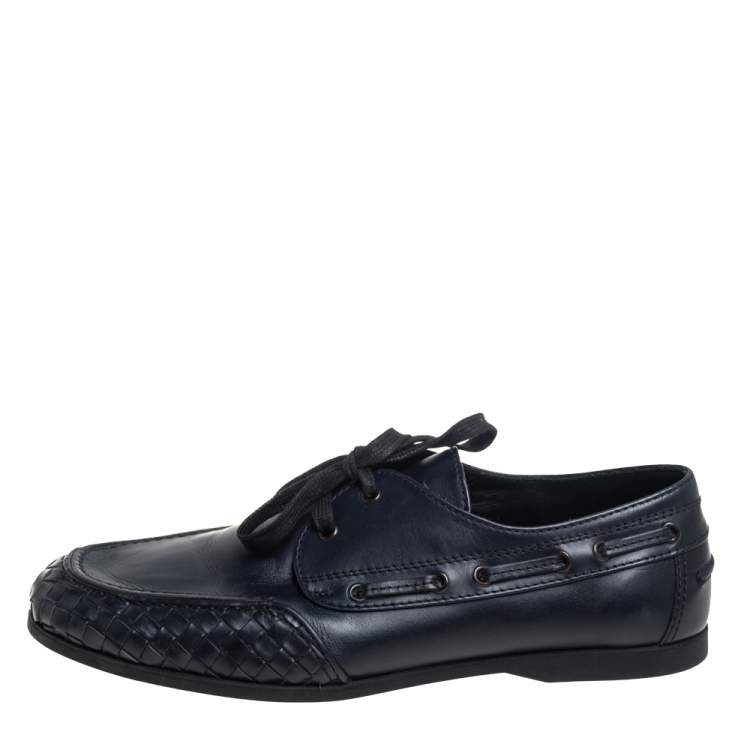 Pre Owned Bottega Veneta Navy Blue Intrecciato and Leather Lace Up Driving Loafers Size 43