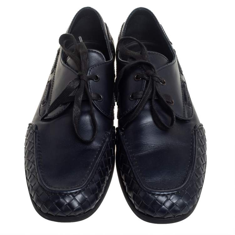 Pre Owned Bottega Veneta Navy Blue Intrecciato and Leather Lace Up Driving Loafers Size 43
