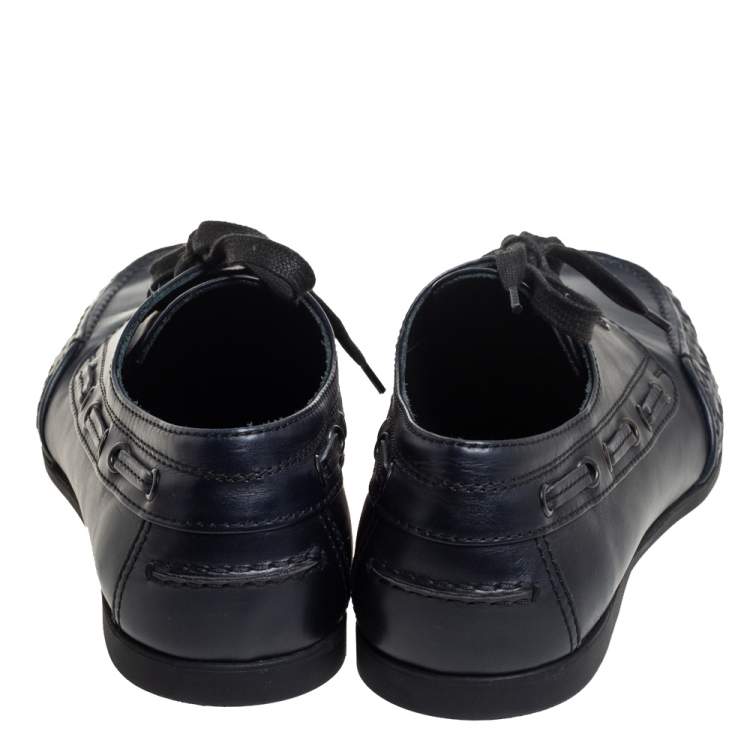 Pre Owned Bottega Veneta Navy Blue Intrecciato and Leather Lace Up Driving Loafers Size 43