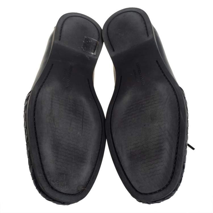 Pre Owned Bottega Veneta Navy Blue Intrecciato and Leather Lace Up Driving Loafers Size 43