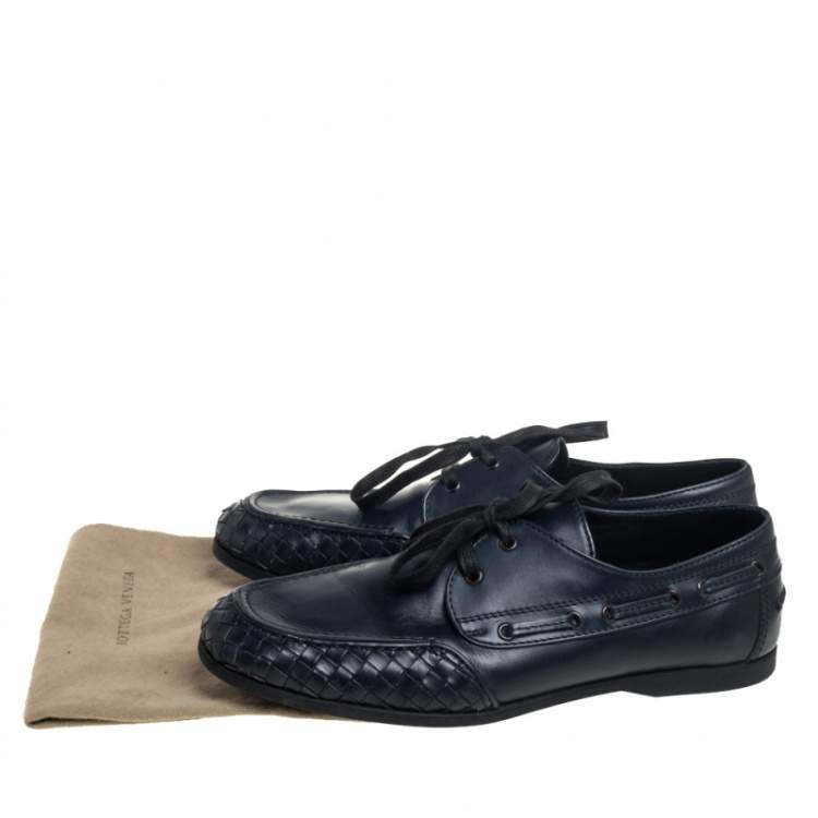 Pre Owned Bottega Veneta Navy Blue Intrecciato and Leather Lace Up Driving Loafers Size 43
