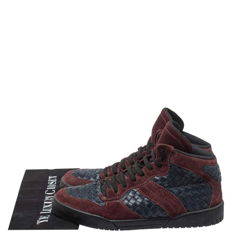 Pre Owned Bottega Veneta Burgundy/Navy Blue Suede And Intrecciato Leather High Top Lace Up Sneakers Size 43 