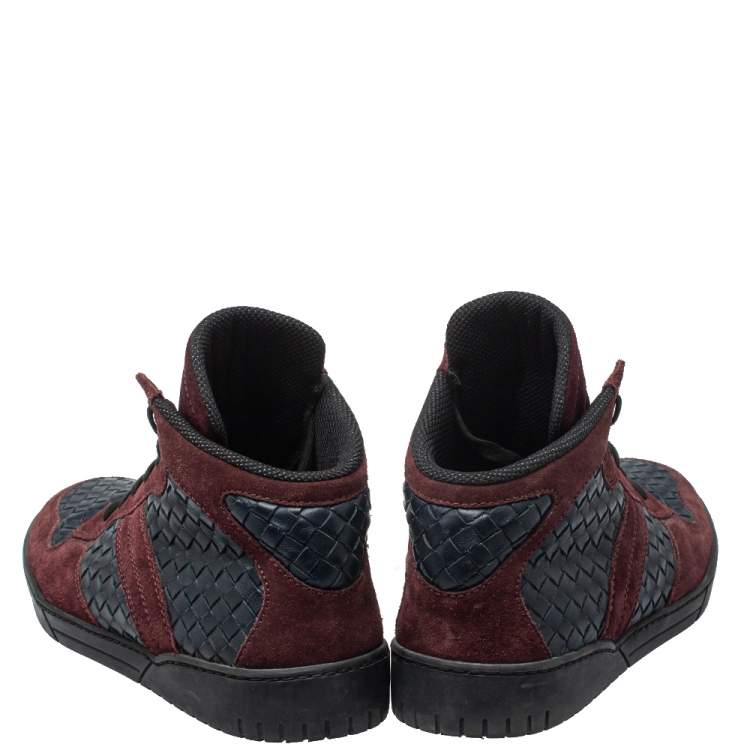 Pre Owned Bottega Veneta Burgundy/Navy Blue Suede And Intrecciato Leather High Top Lace Up Sneakers Size 43 