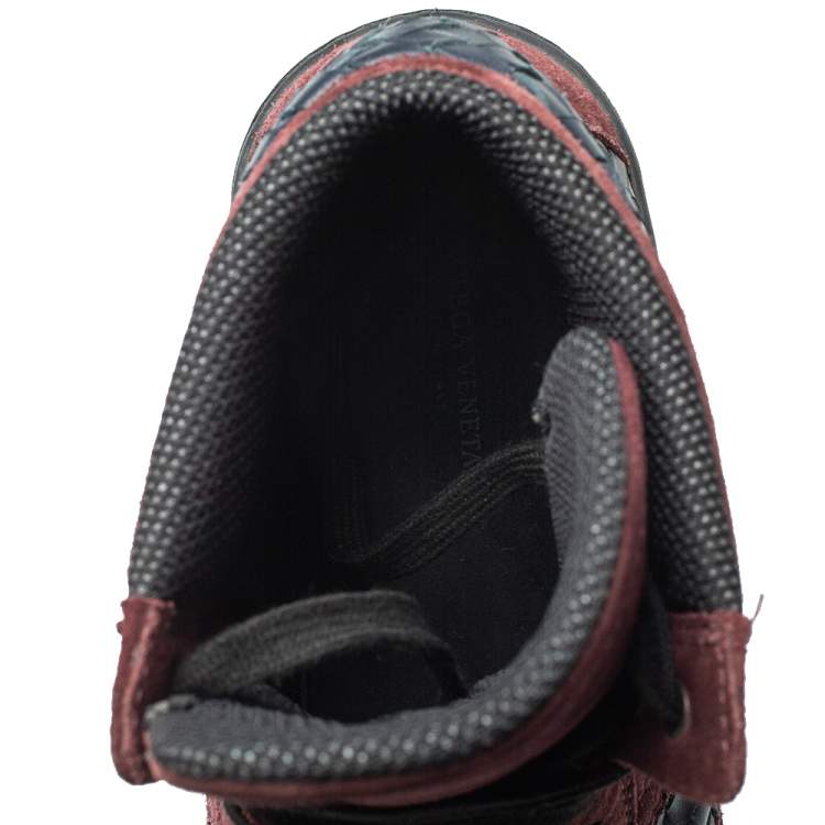 Pre Owned Bottega Veneta Burgundy/Navy Blue Suede And Intrecciato Leather High Top Lace Up Sneakers Size 43 