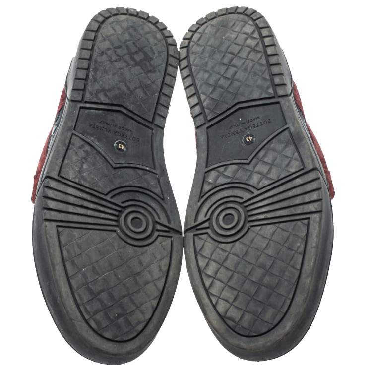 Pre Owned Bottega Veneta Burgundy/Navy Blue Suede And Intrecciato Leather High Top Lace Up Sneakers Size 43 