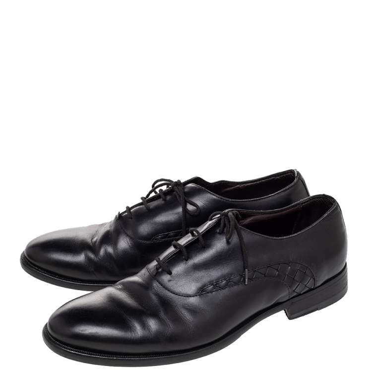 Pre Owned Bottega Veneta Black Intrecciato Leather Lace Up Oxford Size 43