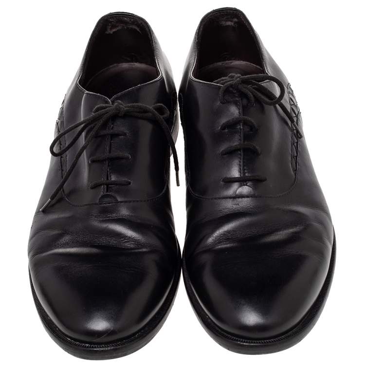 Pre Owned Bottega Veneta Black Intrecciato Leather Lace Up Oxford Size 43
