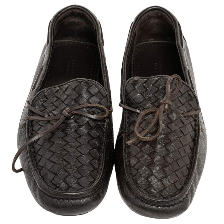 Pre Owned Bottega Veneta Dark Brown Intrecciato Leather Bow Slip On Loafers Size 41