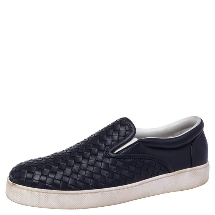 Pre Owned Bottega Veneta Navy Blue Intrecciato Leather Dodger Slip-on Sneakers Size 42