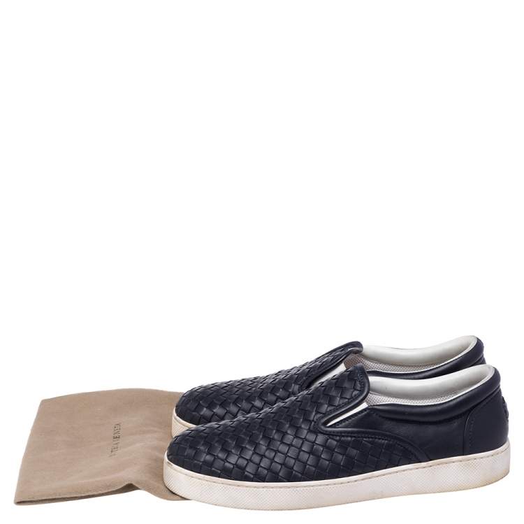 Pre Owned Bottega Veneta Navy Blue Intrecciato Leather Dodger Slip-on Sneakers Size 42