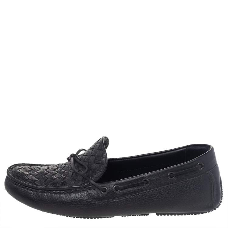 Pre Owned Bottega Veneta Black Intrecciato Leather Cervo Wave Driver Bow Slip On Loafers Size 40