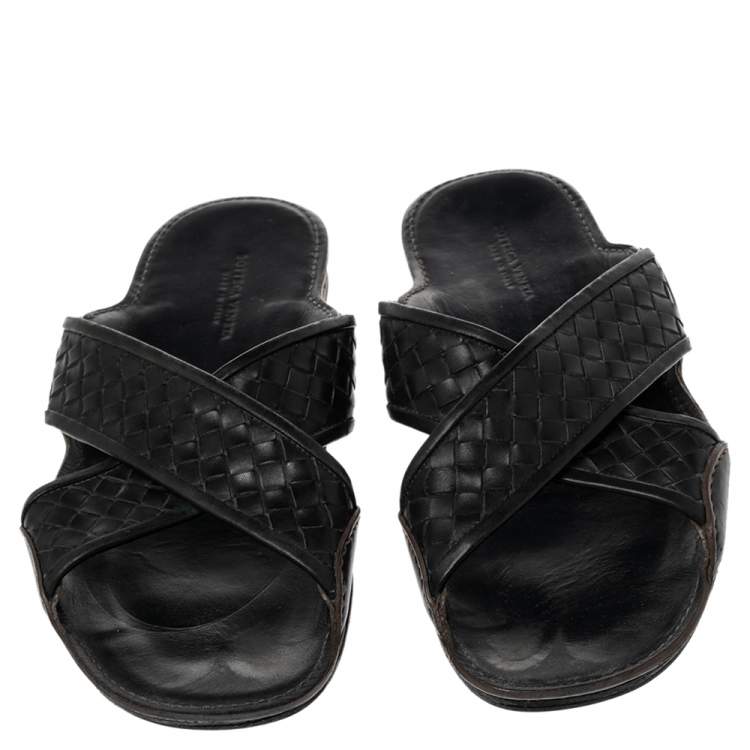 Pre Owned Bottega Veneta Black Intrecciato Leather Cross Strap Flat Slides Size 42