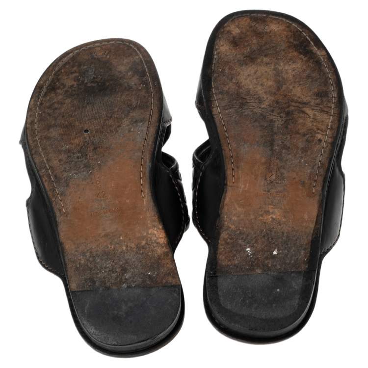 Pre Owned Bottega Veneta Black Intrecciato Leather Cross Strap Flat Slides Size 42
