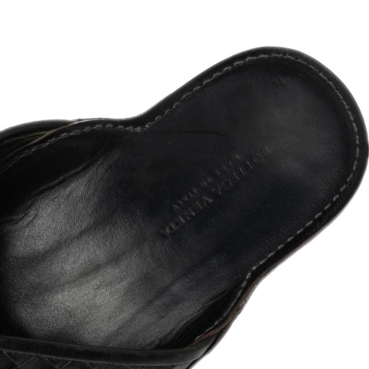 Pre Owned Bottega Veneta Black Intrecciato Leather Cross Strap Flat Slides Size 42