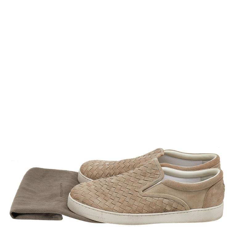 Pre Owned Bottega Veneta Beige Intrecciato Suede Slip on Sneakers Size 44