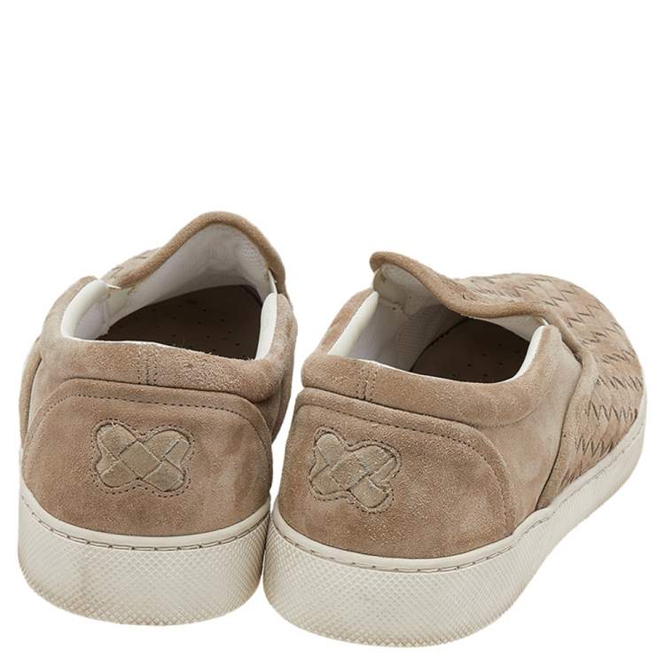 Pre Owned Bottega Veneta Beige Intrecciato Suede Slip on Sneakers Size 44