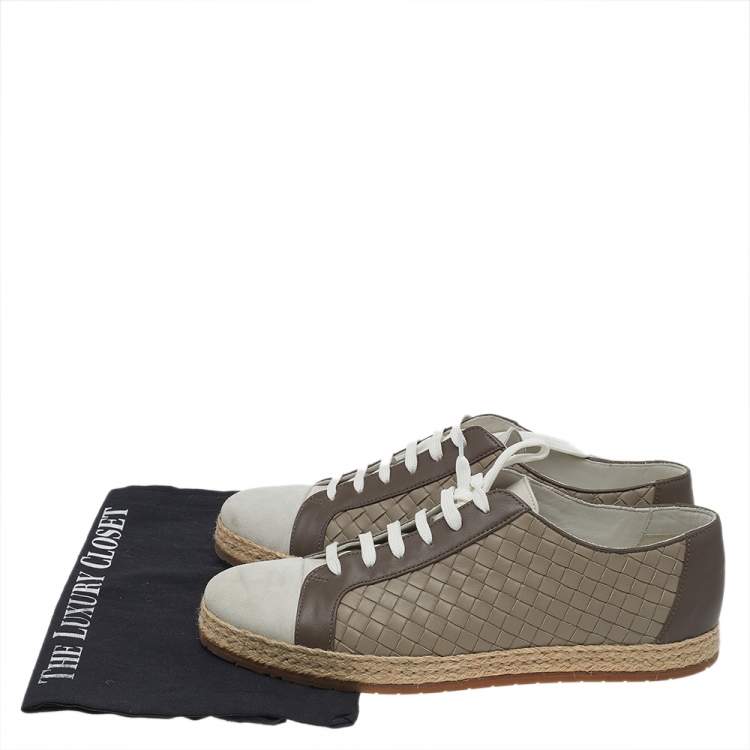 Pre Owned Bottega Veneta Brown/Grey Intrecciato Leather And Suede Cap Toe Espadrille Low Top Sneakers Size 41