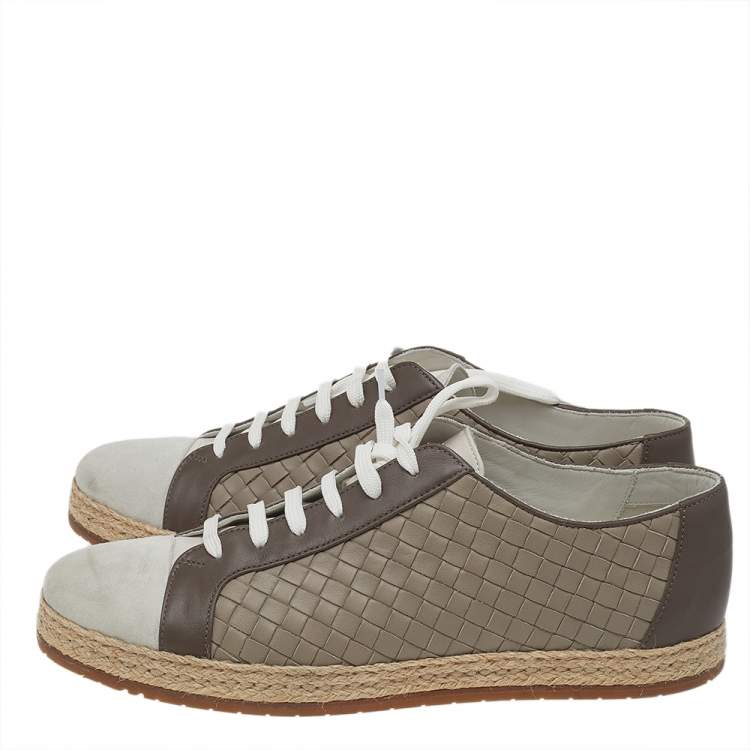 Pre Owned Bottega Veneta Brown/Grey Intrecciato Leather And Suede Cap Toe Espadrille Low Top Sneakers Size 41