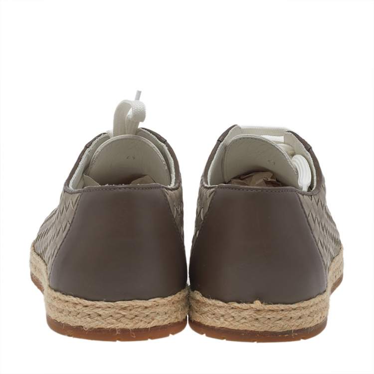 Pre Owned Bottega Veneta Brown/Grey Intrecciato Leather And Suede Cap Toe Espadrille Low Top Sneakers Size 41