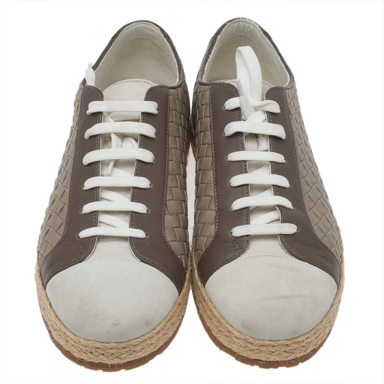 Pre Owned Bottega Veneta Brown/Grey Intrecciato Leather And Suede Cap Toe Espadrille Low Top Sneakers Size 41